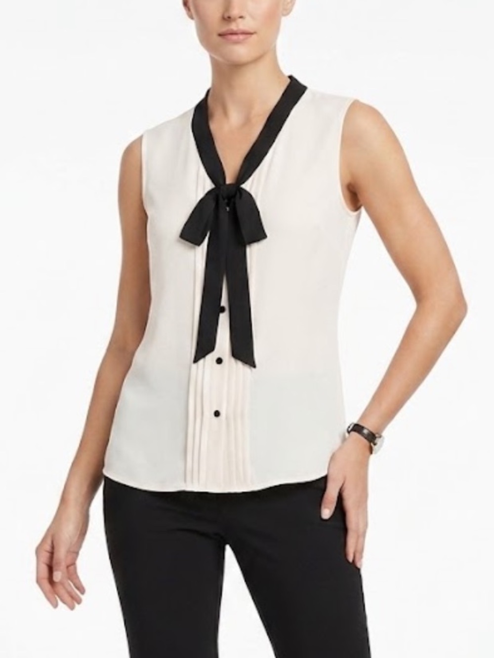 NWT Anne Klein Cream & Black Tie-Neck Sleeveless Blouse Professional Top (M)